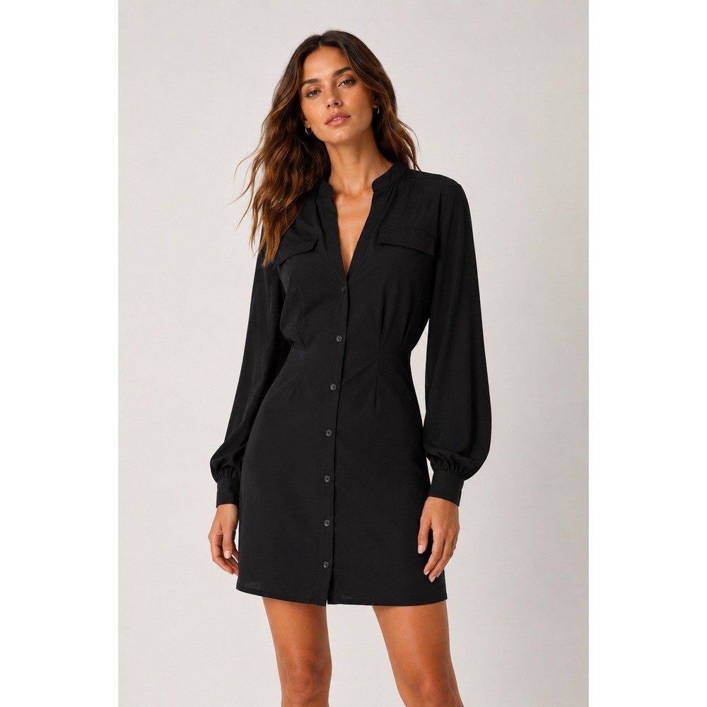 ba&sh Crew Noir Black Button Front Mini Dress Long Sleeve Size 0 US 2 XS